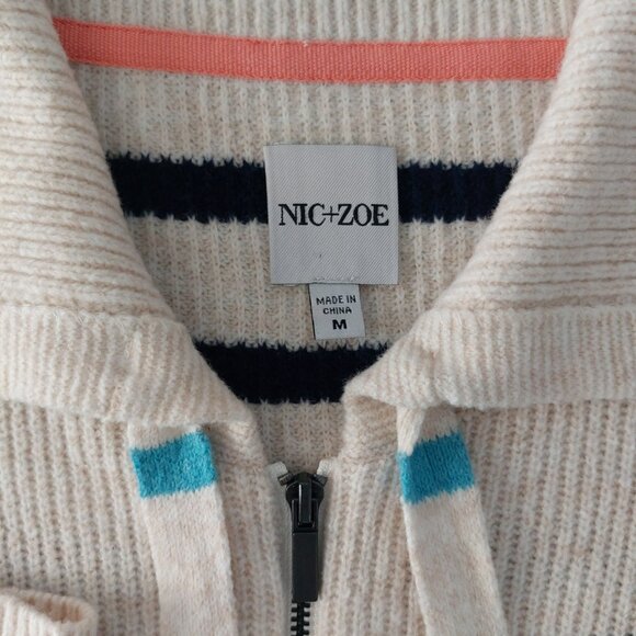 NIC+Zoe Cardigan Medium Zip Front Collar Cream Stripes Preppy Sporty - Picture 3 of 13